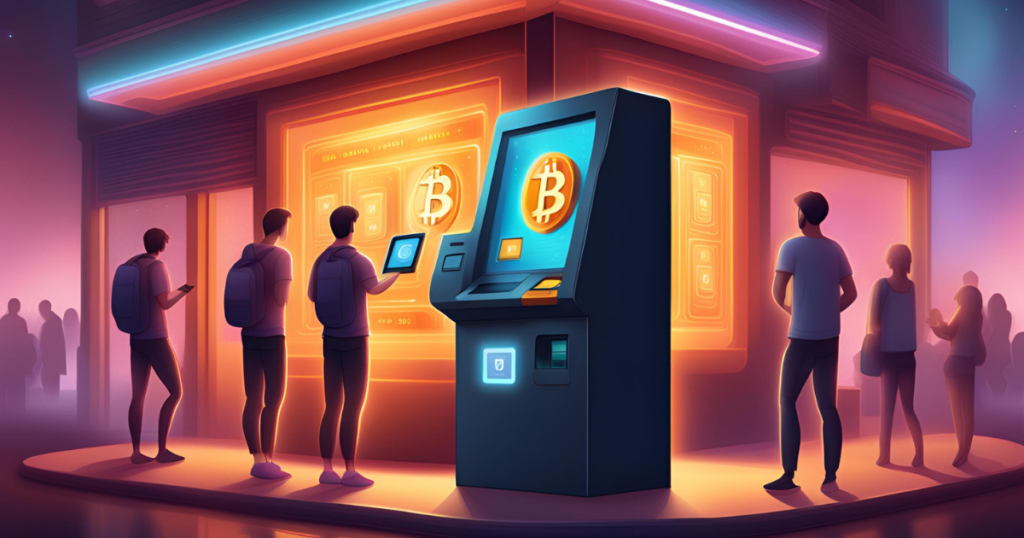 People using a Bitcoin ATM in a futuristic setting