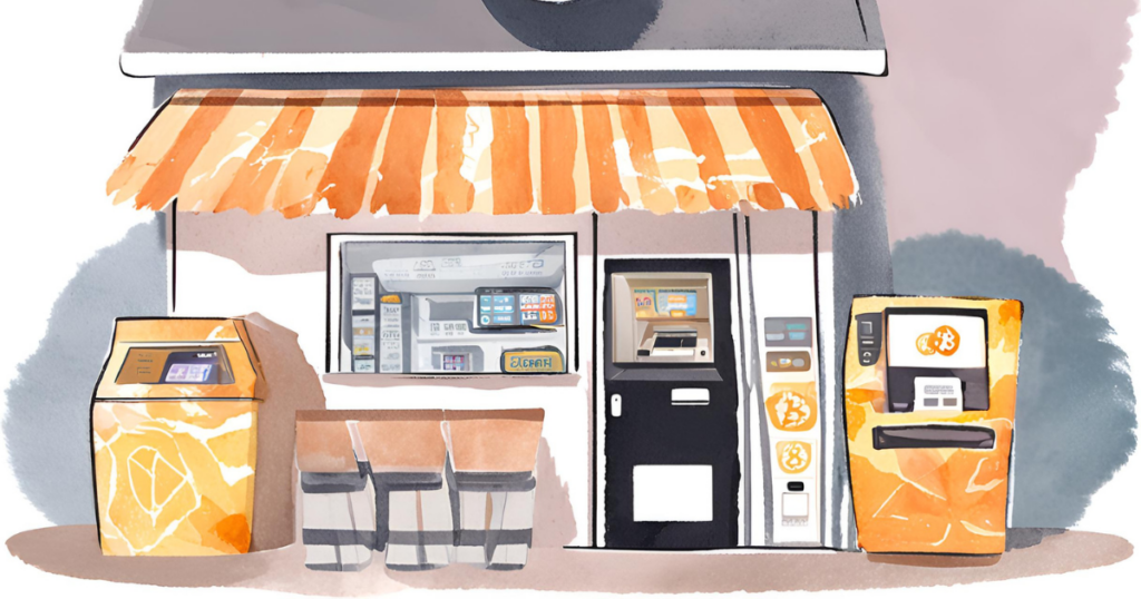 A convenience store featuring a Bitcoin ATM near the entrance, with additional cryptocurrency ATM machines and logos visible