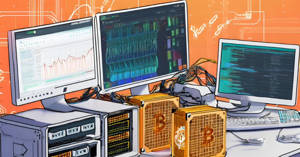 Illustration of a Bitcoin mining rig in action with computer hardware, monitors displaying data, and digital coins.